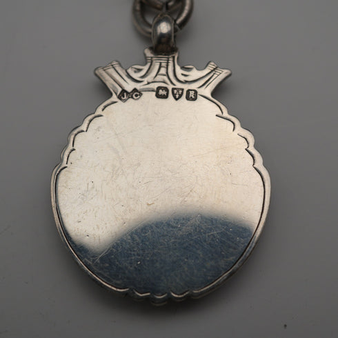 English Antique Sterling Silver Albert Chain with Sterling Silver Medal Fob, 22cm Total Length, 39g