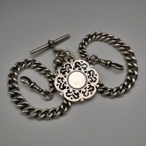 1915 British Antique Sterling Silver Double Albert Chain with Sterling Silver Medal Fob, 61g