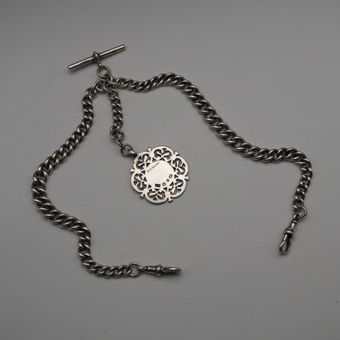 1915 British Antique Sterling Silver Double Albert Chain with Sterling Silver Medal Fob, 61g