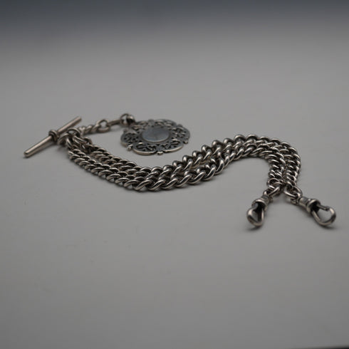 1915 British Antique Sterling Silver Double Albert Chain with Sterling Silver Medal Fob, 61g