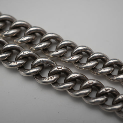 1915 British Antique Sterling Silver Double Albert Chain with Sterling Silver Medal Fob, 61g
