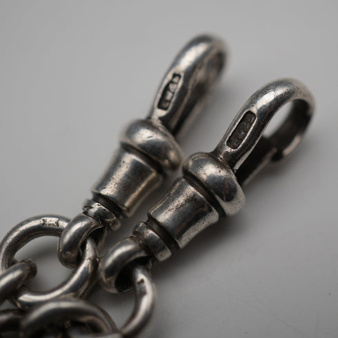 1915 British Antique Sterling Silver Double Albert Chain with Sterling Silver Medal Fob, 61g