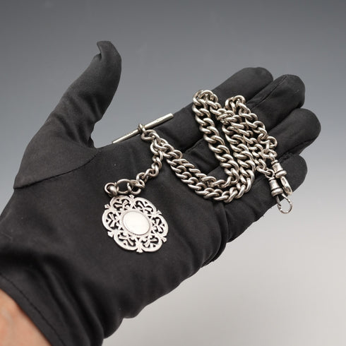 1915 British Antique Sterling Silver Double Albert Chain with Sterling Silver Medal Fob, 61g