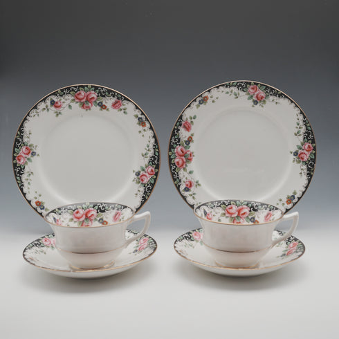 English Vintage Aynsley "Black Band & Rose" Teacup Trio Set of 2