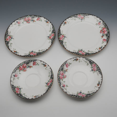 English Vintage Aynsley "Black Band & Rose" Teacup Trio Set of 2