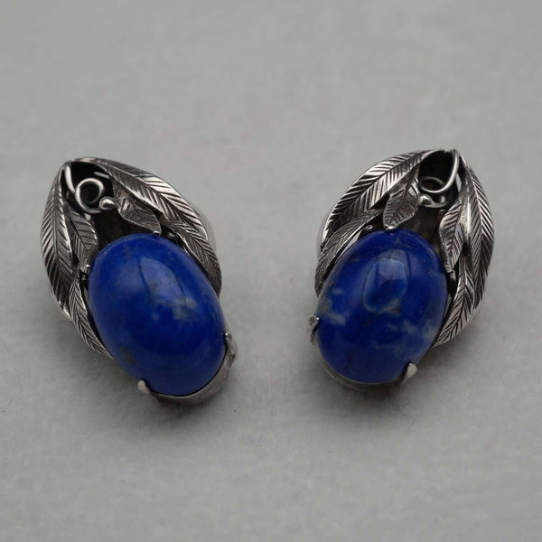 Vintage Silver and Lapis Lazuli Botanical Design Clip-On Earrings