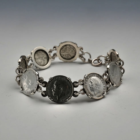 British Vintage Sterling Silver & 3 Pence Coin Bracelet 20g