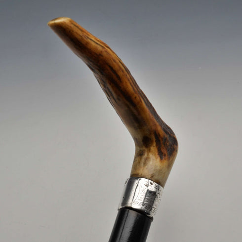 1895 British Antique Black Shaft Sterling Silver Embellished Antler Handle Walking Stick Cane 90cm