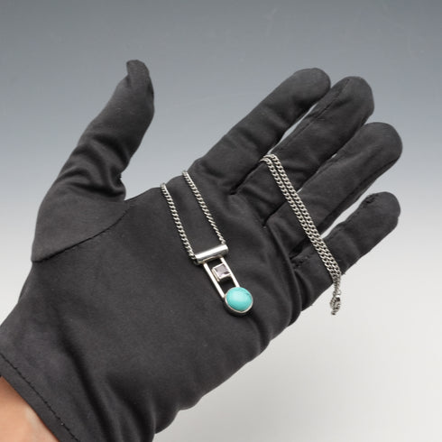 Vintage Sterling Silver Dual Stone (Turquoise & Amethyst Color) Pendant with Chain