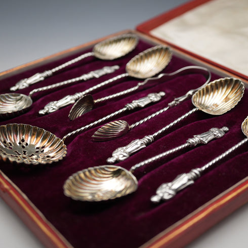 1896 Antique English Sterling Silver Apostle Spoon Set (6 Spoons, Tongs & Sifter), 54g total, by Charles Boyton, in case