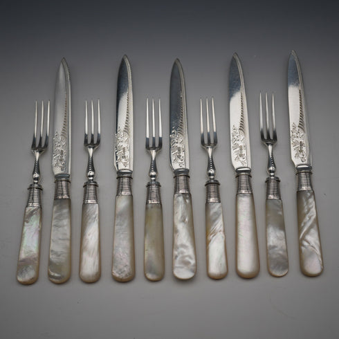 Circa 1908 Antique English Mother-of-Pearl Handle Dessert Cutlery, 5 Pairs, Sterling Silver Accents, Allen & Darwin