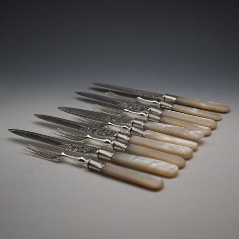Circa 1908 Antique English Mother-of-Pearl Handle Dessert Cutlery, 5 Pairs, Sterling Silver Accents, Allen & Darwin
