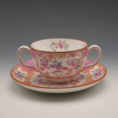 English Antique Minton Pink Cockatrice Soup Cup & Saucer