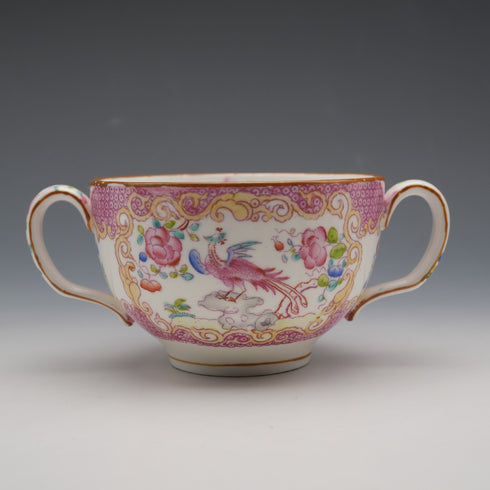 English Antique Minton Pink Cockatrice Soup Cup & Saucer
