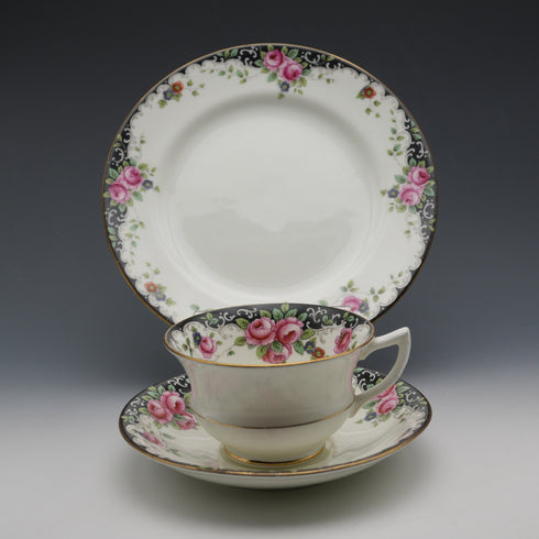 British Antique Aynsley "Black Band & Rose" Teacup Trio