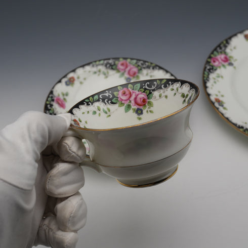 British Antique Aynsley "Black Band & Rose" Teacup Trio