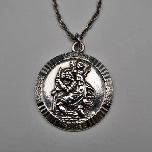 Colgante de medalla de San Cristóbal vintage británico de plata de ley, peso total 14,5 g, incluye cadena de plata de ley