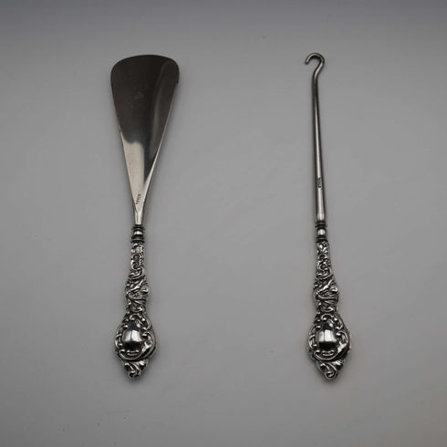 Juego de calzador y abotonador con mango de plata de ley, antiguo inglés, 1902, James Deakin & Sons