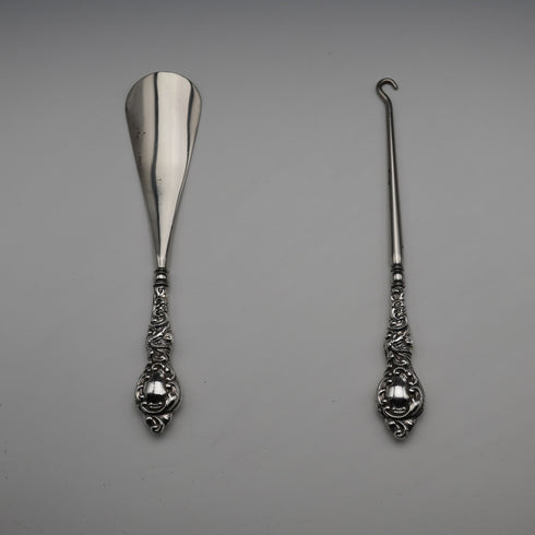 Juego de calzador y abotonador con mango de plata de ley, antiguo inglés, 1902, James Deakin & Sons