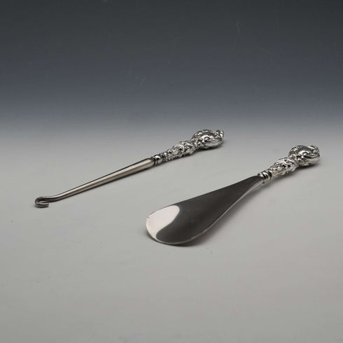 Juego de calzador y abotonador con mango de plata de ley, antiguo inglés, 1902, James Deakin & Sons