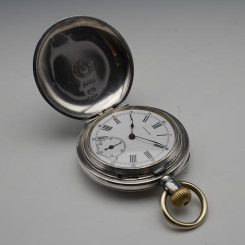 c. 1889 Antique Longines pocket watch, 800 silver hunter case, 43mm diameter, in good working condition