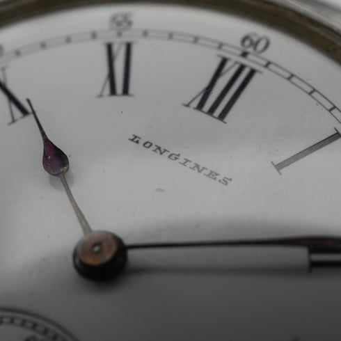 c. 1889 Antique Longines pocket watch, 800 silver hunter case, 43mm diameter, in good working condition