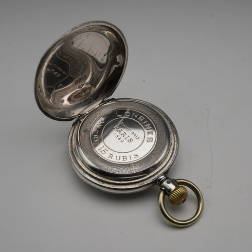 c. 1889 Antique Longines pocket watch, 800 silver hunter case, 43mm diameter, in good working condition