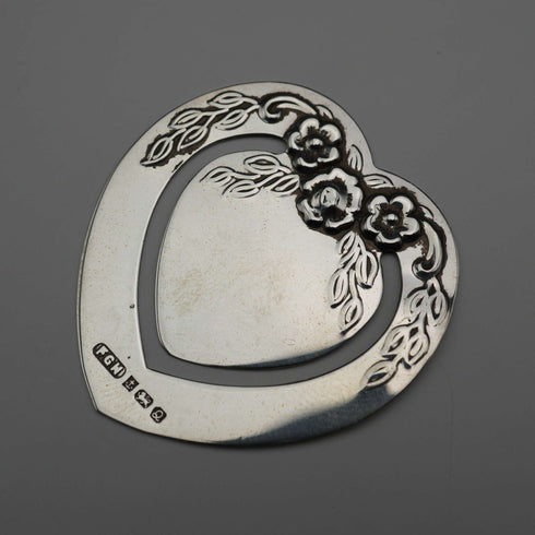 Marcapáginas de plata de ley vintage británico, forma de corazón, Harrison Brothers & Howson