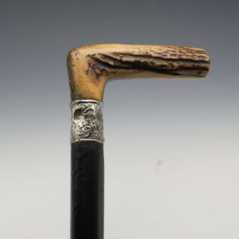Circa 1900 British Antique Black Shaft Sterling Silver Mount Antler Handle Walking Stick Cane 81cm