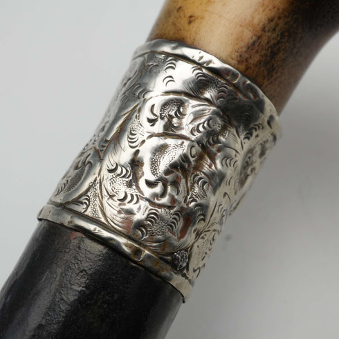 Circa 1900 British Antique Black Shaft Sterling Silver Mount Antler Handle Walking Stick Cane 81cm