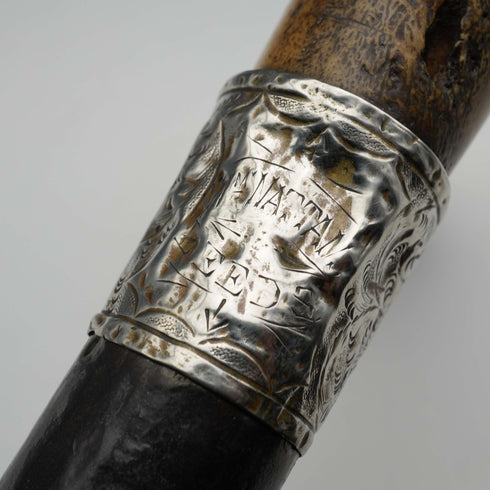 Circa 1900 British Antique Black Shaft Sterling Silver Mount Antler Handle Walking Stick Cane 81cm