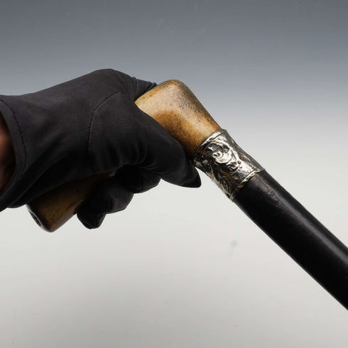 Circa 1900 British Antique Black Shaft Sterling Silver Mount Antler Handle Walking Stick Cane 81cm