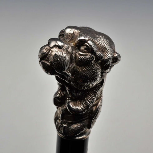 Bastón italiano vintage con eje negro y mango de cabeza de perro en plata de ley, 78 cm