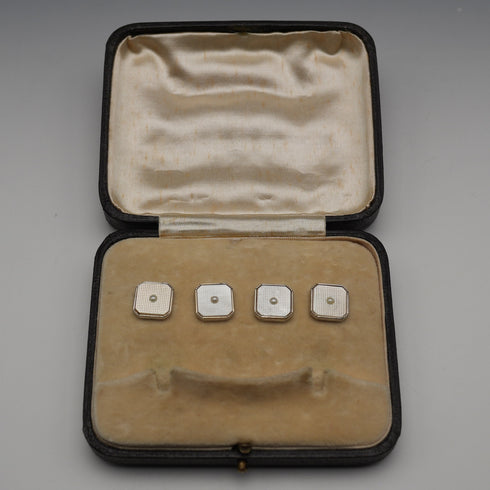 Antique K9 White Gold & Mother-of-Pearl Stud Earrings, Set of 4 with Case