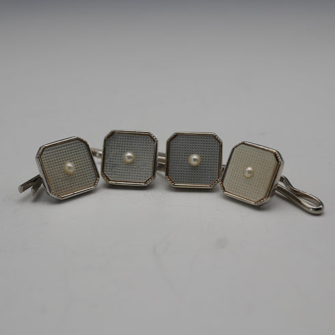 Antique K9 White Gold & Mother-of-Pearl Stud Earrings, Set of 4 with Case