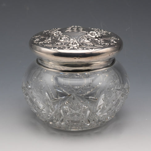 1900年頃 米国アンティーク 純銀蓋 カットガラスジャー Wilcox&Evertsen