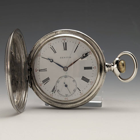 Around 1913 Antique Zenith pocket watch Art Nouveau engraving Hunter case on silver side Works well