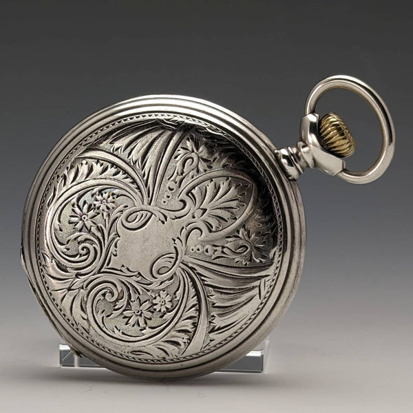 Around 1913 Antique Zenith pocket watch Art Nouveau engraving Hunter case on silver side Works well