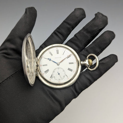 Around 1913 Antique Zenith pocket watch Art Nouveau engraving Hunter case on silver side Works well