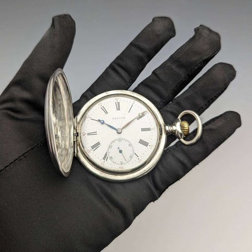 Around 1913 Antique Zenith pocket watch Art Nouveau engraving Hunter case on silver side Works well