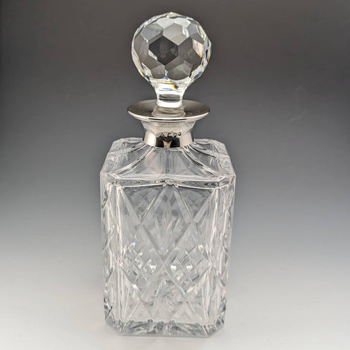 1979 British vintage cut glass square decanter with pure silver decoration JA Campbell