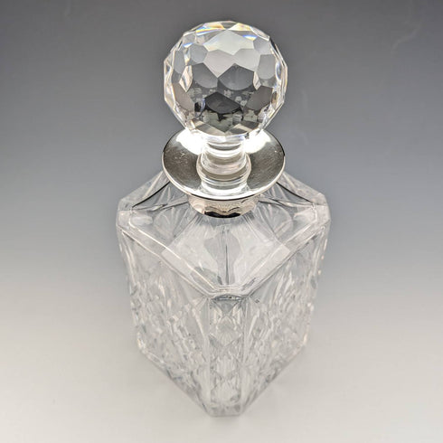 1979 British vintage cut glass square decanter with pure silver decoration JA Campbell