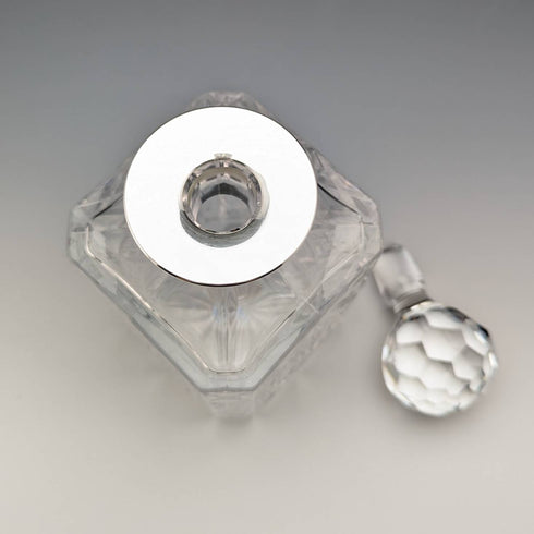 1979 British vintage cut glass square decanter with pure silver decoration JA Campbell
