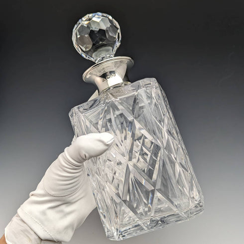 1979 British vintage cut glass square decanter with pure silver decoration JA Campbell