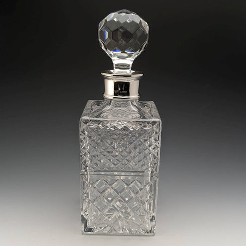 1982 British vintage cut glass square decanter with pure silver decoration CJ Vander