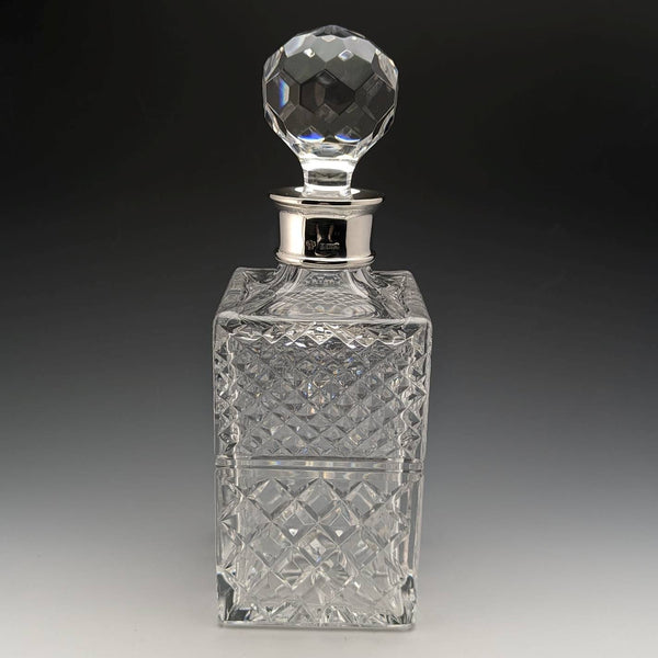 1982 British vintage cut glass square decanter with pure silver decoration CJ Vander