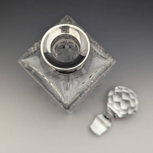 1982 British vintage cut glass square decanter with pure silver decoration CJ Vander