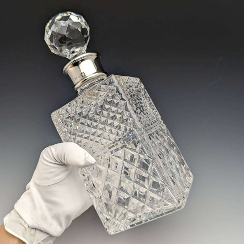 1982 British vintage cut glass square decanter with pure silver decoration CJ Vander