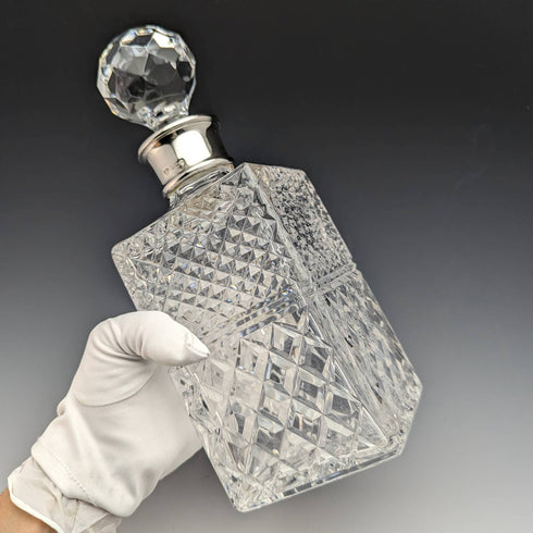 1982 British vintage cut glass square decanter with pure silver decoration CJ Vander