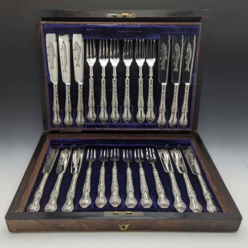 1877 British antique sterling silver cutlery 12 pairs total 1475g Francis Higgins wooden box